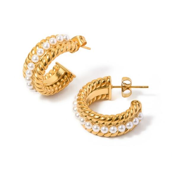 Pearl Vintage Woven C-Shape‎ Hoop Earrings 18K Gold Plated Stainless Steel - Picture 9 of 12